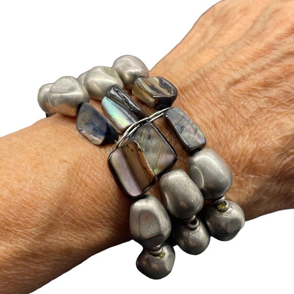 Gray Chunky Beaded Stretch Multi-Strand Bangle Bracelet Beach Vacation - Picture 4 of 5